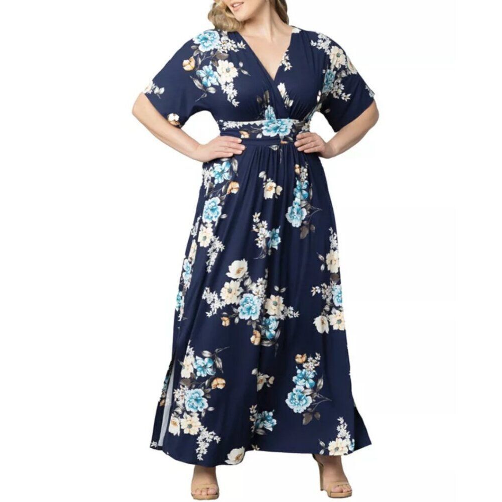 Kiyonna Womens 4X Navy Floral Print Kimono Sleeve V Neck Long Maxi Dress USA NWT